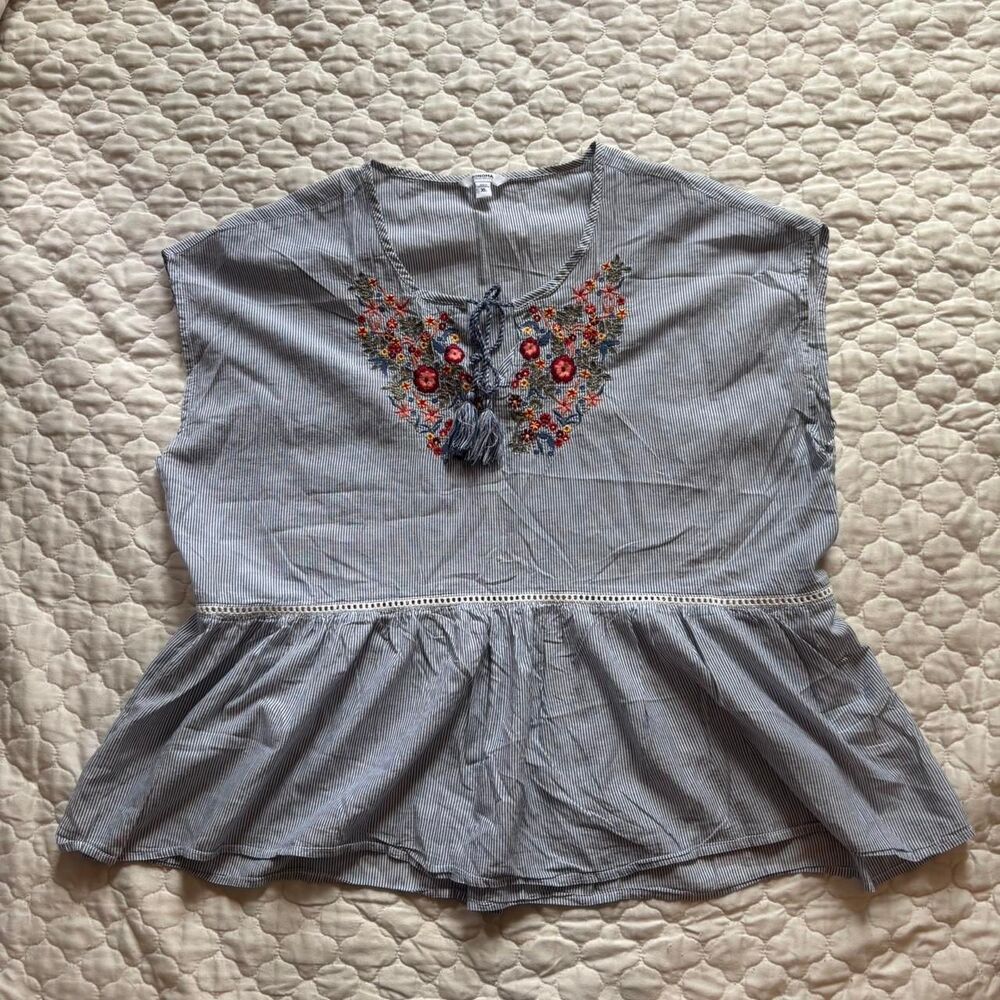 Sonoma Goods for Life Blue Striped Floral Embroidered Sleeveless Top in Size XL